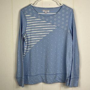 Kim Rogers Women Sweater Top Small Blue White Stripes Dots Long Sleeve Stretch